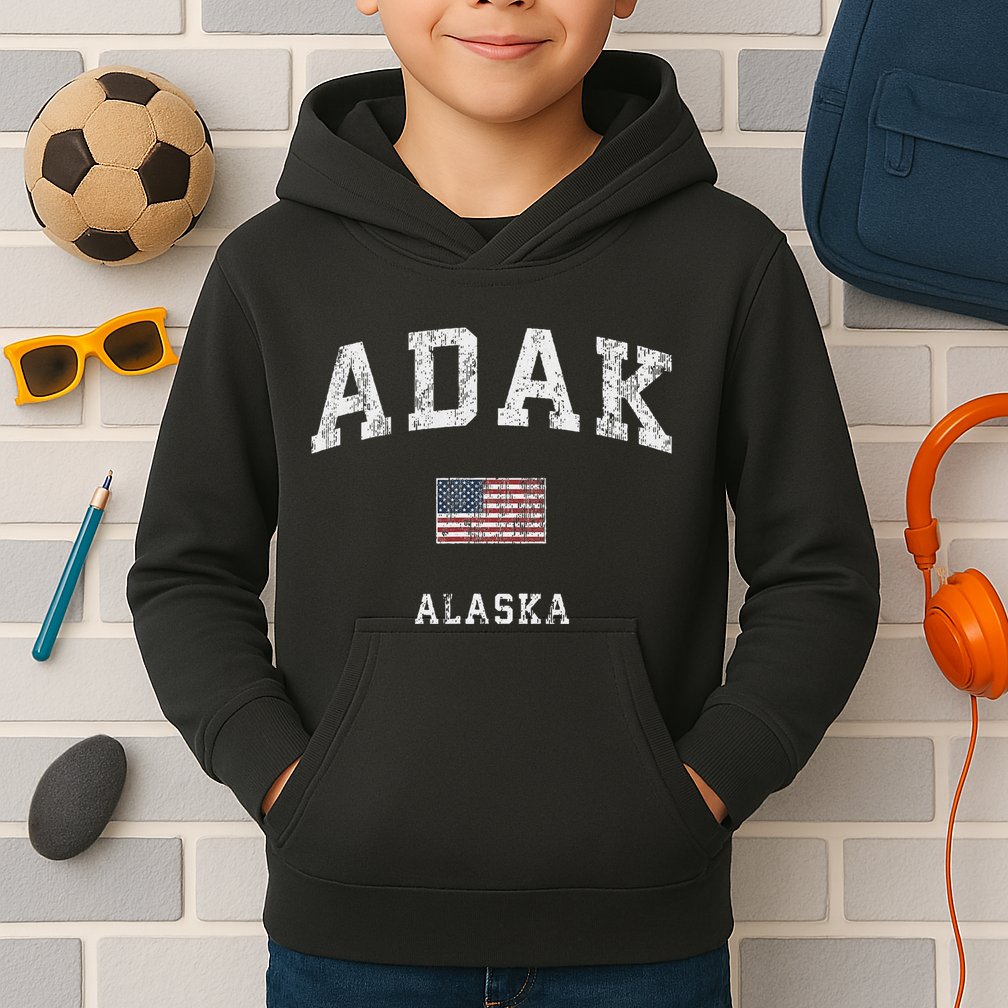 Adak Alaska Ak Vintage American Flag Sports Design Kids Hoodie