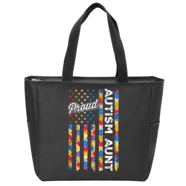 Autism Awareness Apparel USA Flag Proud Autism Aunt Autism Awareness Zip Tote Bag