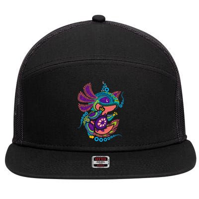 Axolotl Art Aztec Mexican Salamander Mexico Cinco De Mayo 7 Panel Mesh Trucker Snapback Hat
