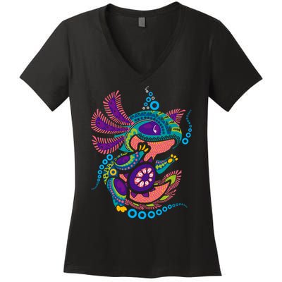 Axolotl Art Aztec Mexican Salamander Mexico Cinco De Mayo Women's V-Neck T-Shirt
