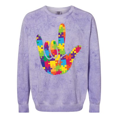 Autism Awareness ASL I Love You Puzzle Hand Colorblast Crewneck Sweatshirt