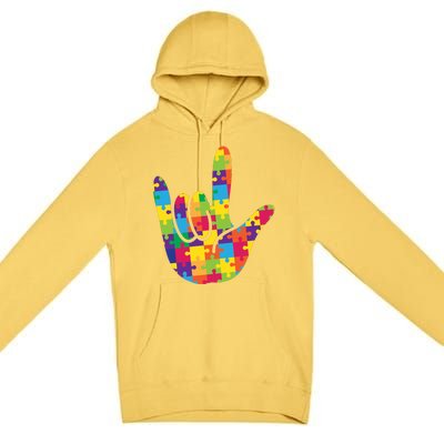 Autism Awareness ASL I Love You Puzzle Hand Premium Pullover Hoodie