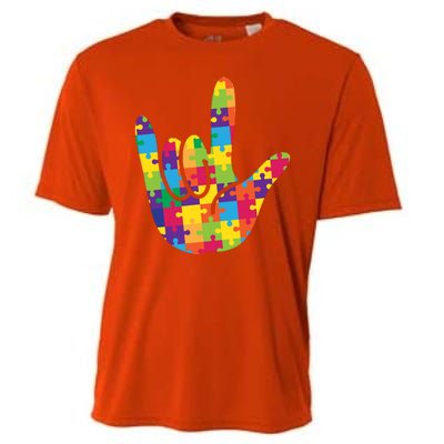 Autism Awareness ASL I Love You Puzzle Hand Cooling Performance Crew T-Shirt