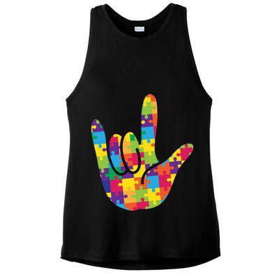 Autism Awareness ASL I Love You Puzzle Hand Ladies PosiCharge Tri-Blend Wicking Tank