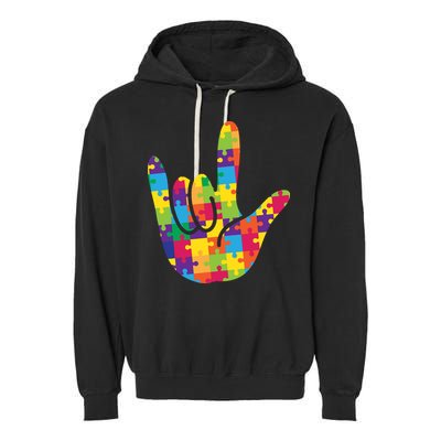 Autism Awareness ASL I Love You Puzzle Hand Garment-Dyed Fleece Hoodie