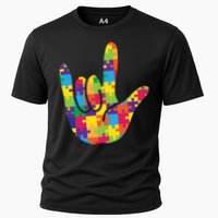 Autism Awareness ASL I Love You Puzzle Hand Cooling Performance Crew T-Shirt