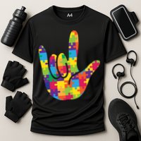 Autism Awareness ASL I Love You Puzzle Hand Cooling Performance Crew T-Shirt