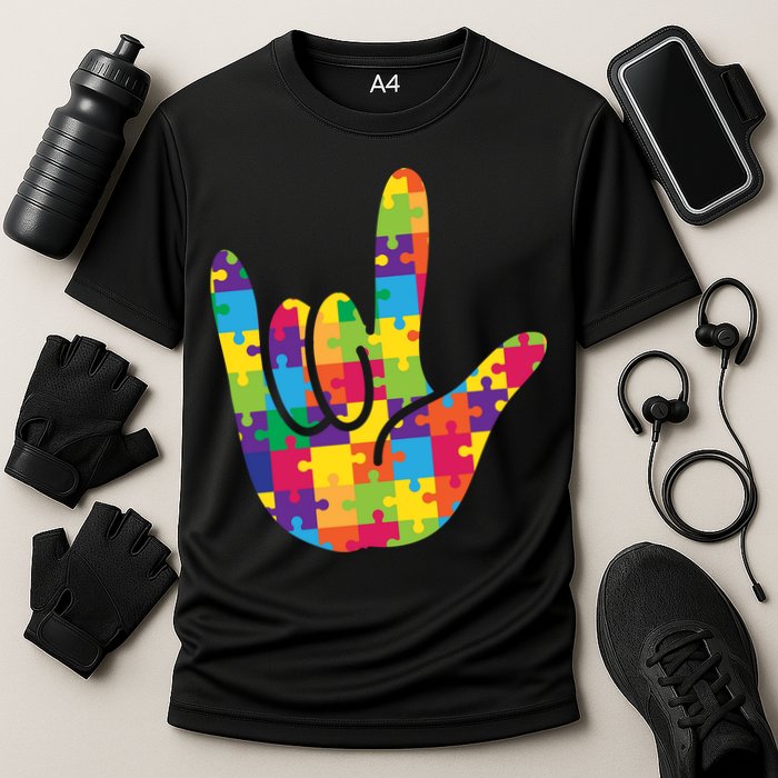 Autism Awareness ASL I Love You Puzzle Hand Cooling Performance Crew T-Shirt