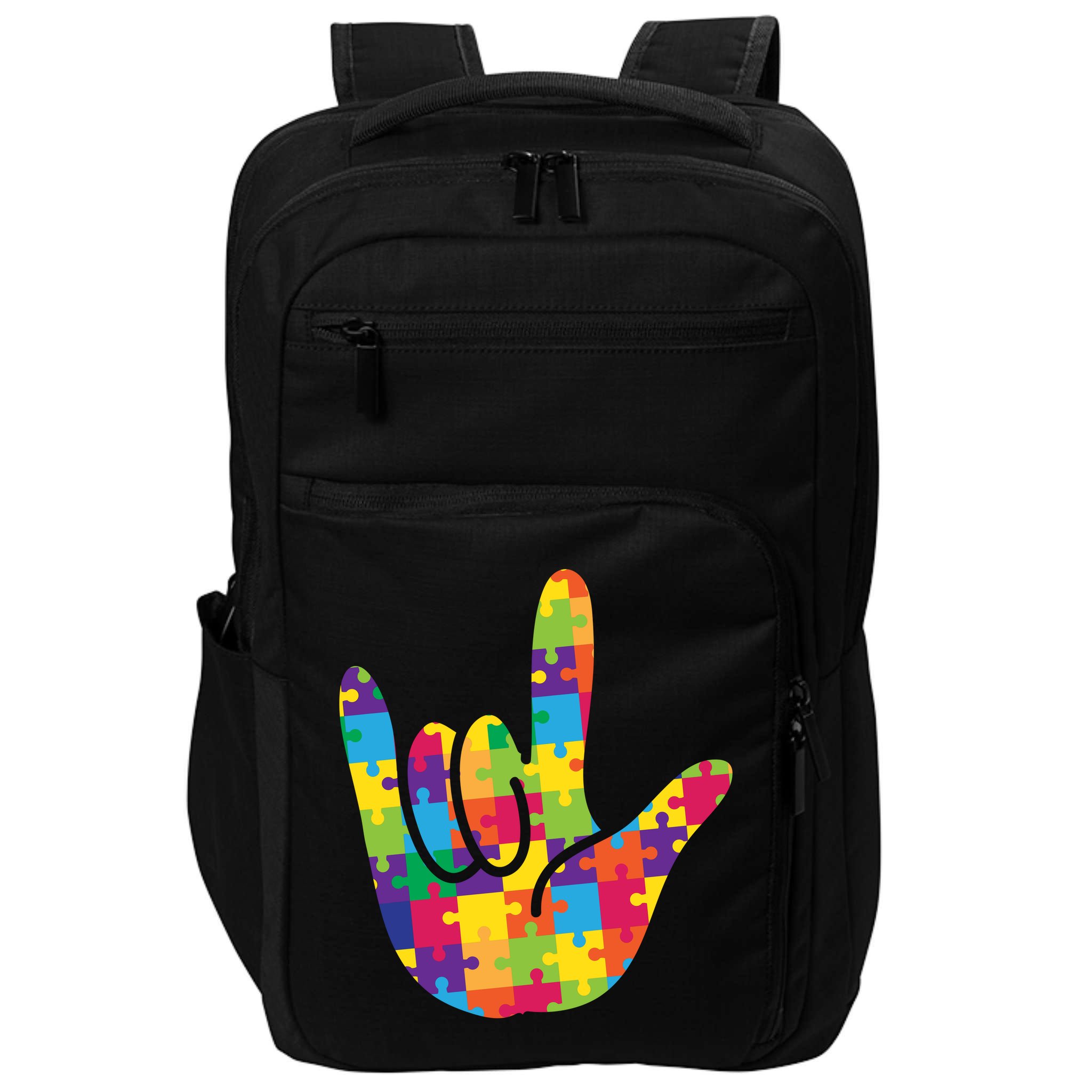 Autism Awareness ASL I Love You Puzzle Hand Impact Tech Backpack