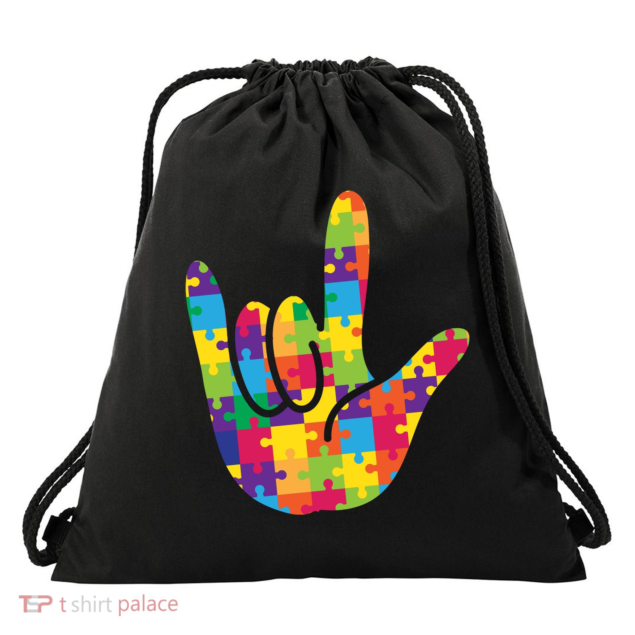Autism Awareness ASL I Love You Puzzle Hand Drawstring Bag