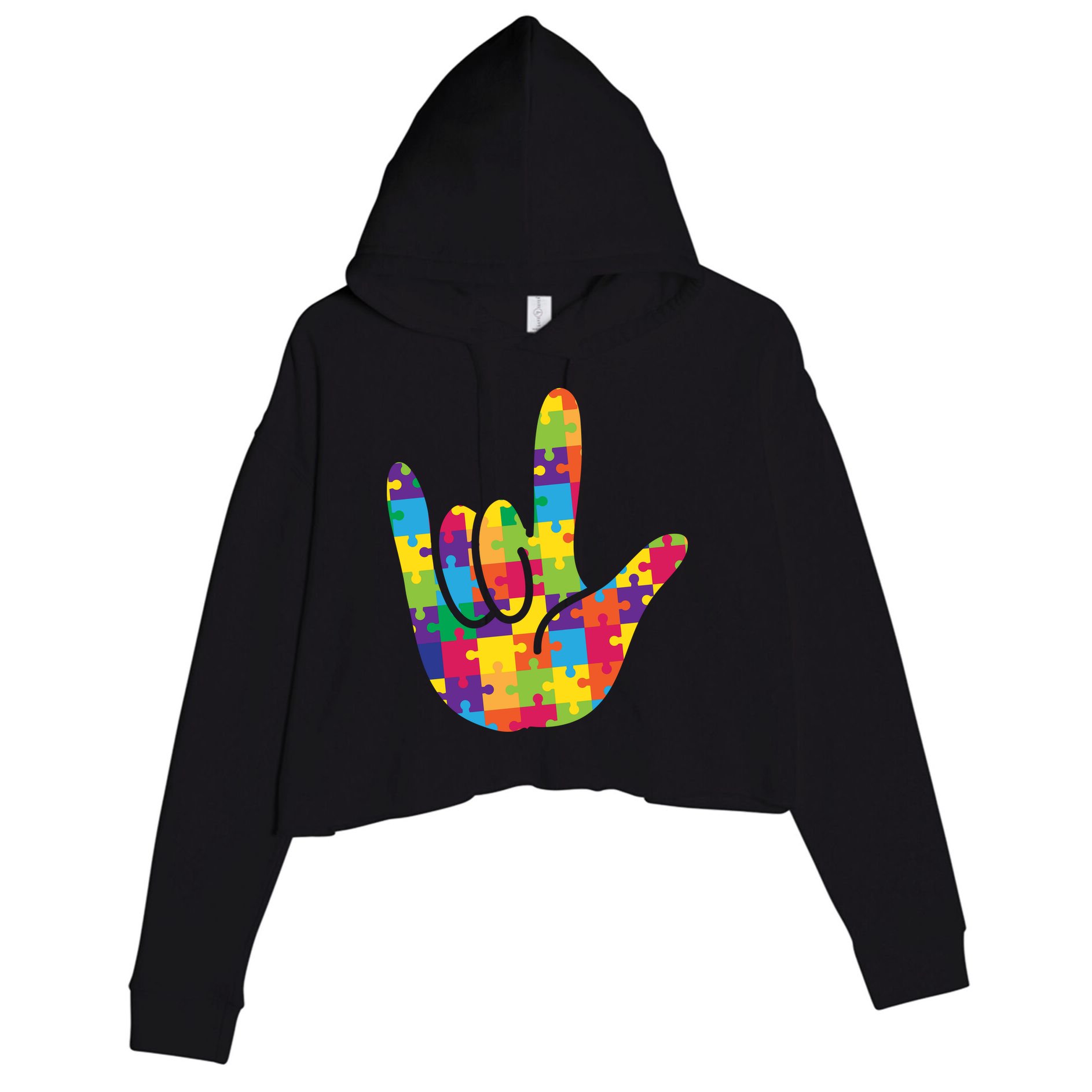 Autism Awareness ASL I Love You Puzzle Hand Crop Fleece Hoodie