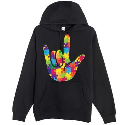 Autism Awareness ASL I Love You Puzzle Hand Premium Pullover Hoodie
