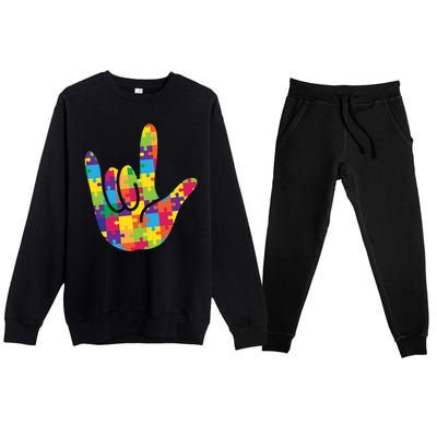 Autism Awareness ASL I Love You Puzzle Hand Premium Crewneck Sweatsuit Set