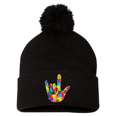 Autism Awareness ASL I Love You Puzzle Hand Pom Pom 12in Knit Beanie