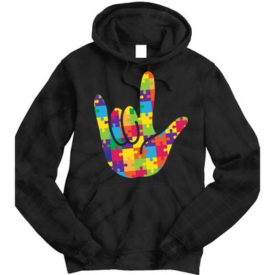 Autism Awareness ASL I Love You Puzzle Hand Tie Dye Hoodie