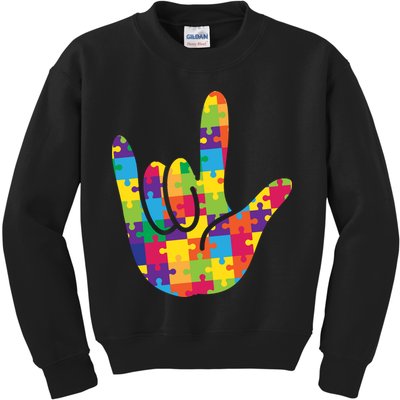 Autism Awareness ASL I Love You Puzzle Hand Kids Sweatshirt