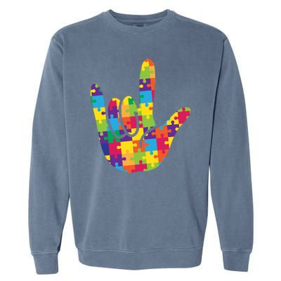 Autism Awareness ASL I Love You Puzzle Hand Garment-Dyed Sweatshirt