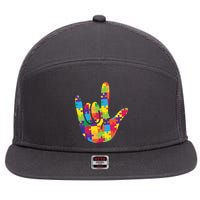 Autism Awareness ASL I Love You Puzzle Hand 7 Panel Mesh Trucker Snapback Hat