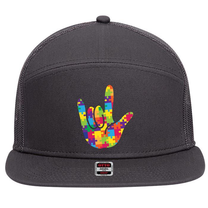 Autism Awareness ASL I Love You Puzzle Hand 7 Panel Mesh Trucker Snapback Hat
