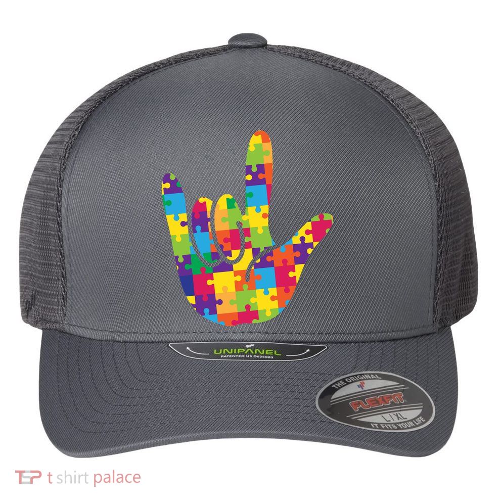 Autism Awareness ASL I Love You Puzzle Hand Flexfit Unipanel Trucker Cap