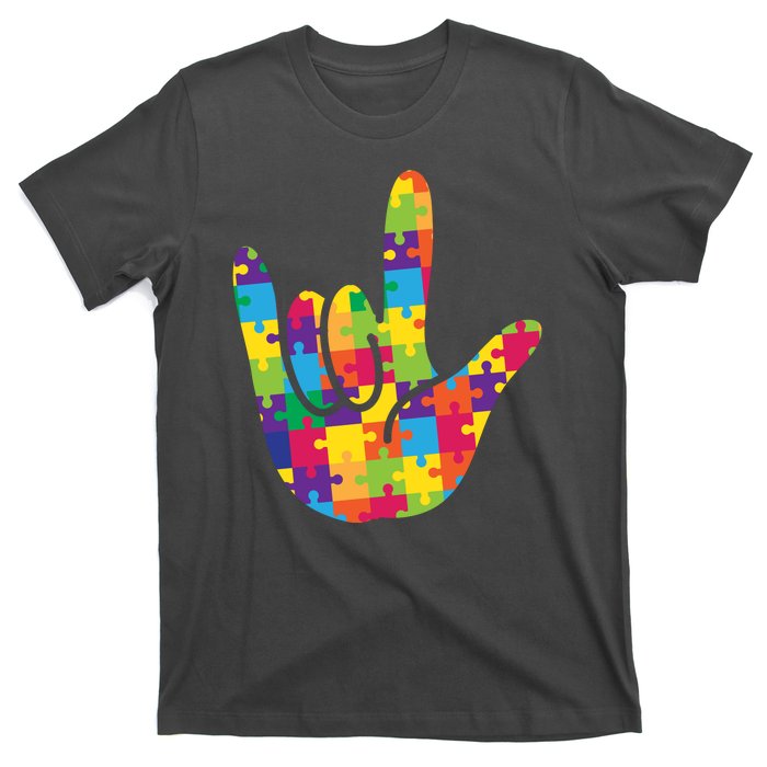 Autism Awareness ASL I Love You Puzzle Hand T-Shirt