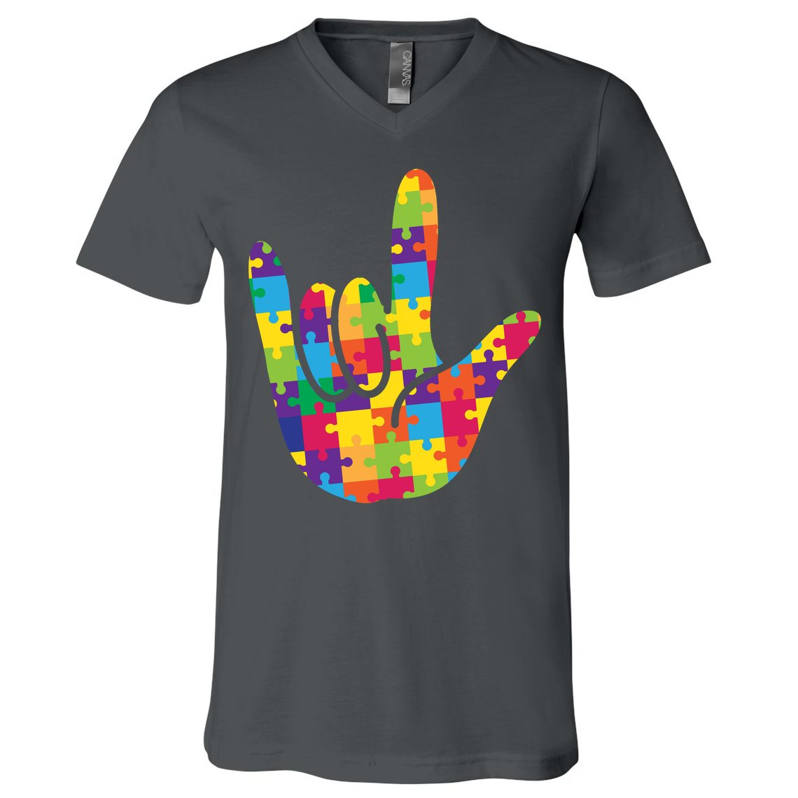 Autism Awareness ASL I Love You Puzzle Hand V-Neck T-Shirt