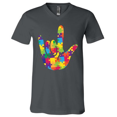 Autism Awareness ASL I Love You Puzzle Hand V-Neck T-Shirt