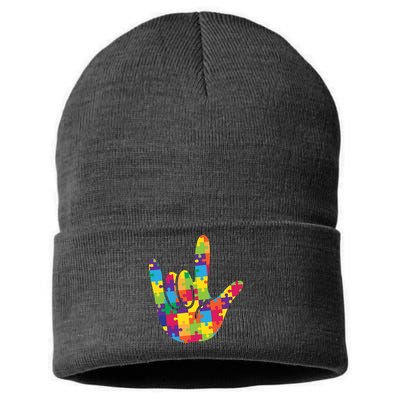 Autism Awareness ASL I Love You Puzzle Hand Sustainable Knit Beanie