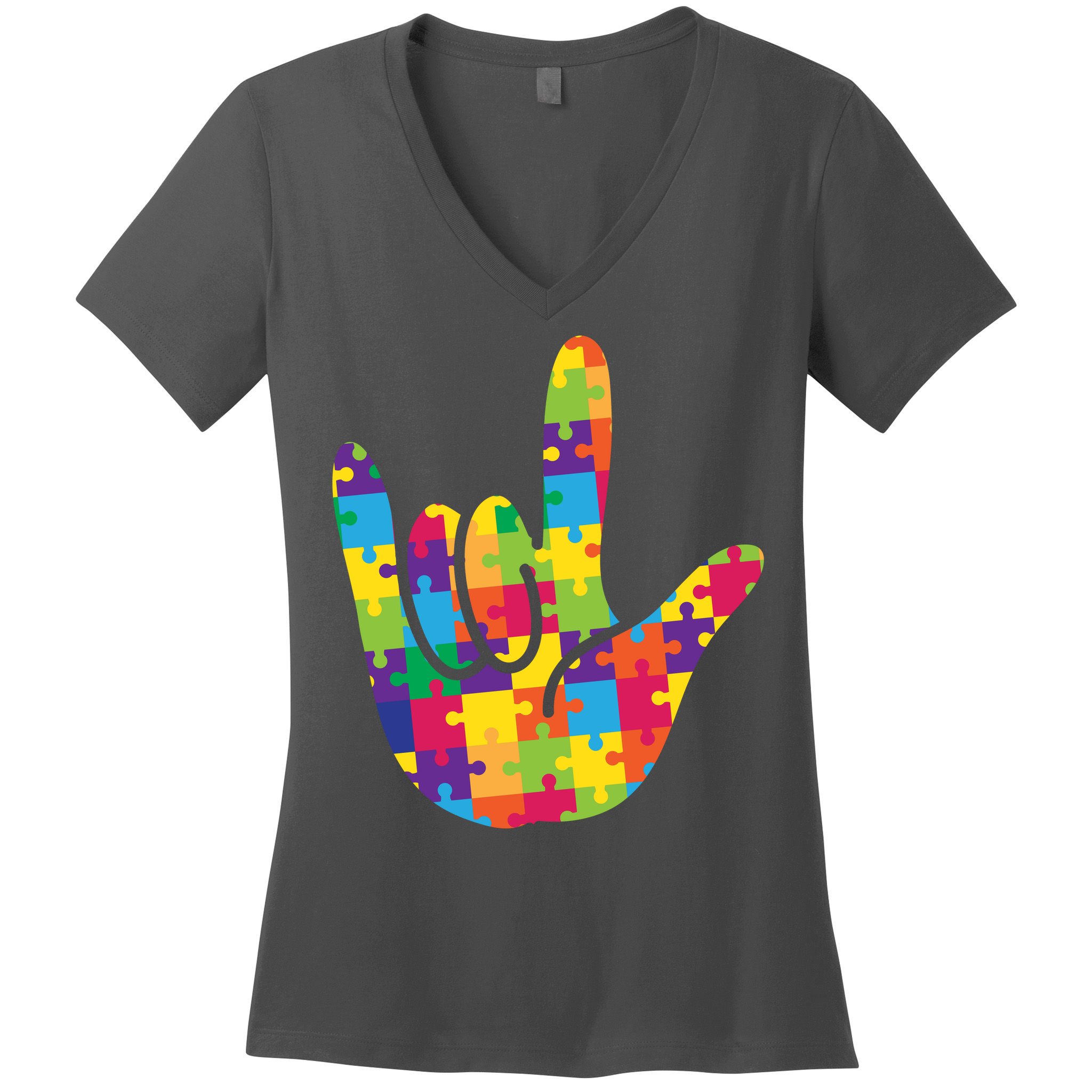 Autism Awareness ASL I Love You Puzzle Hand Women's V-Neck T-Shirt