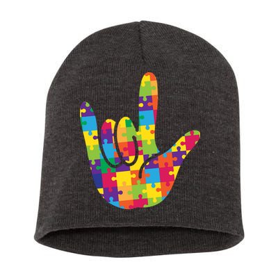 Autism Awareness ASL I Love You Puzzle Hand Short Acrylic Beanie
