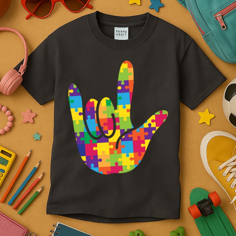 Autism Awareness ASL I Love You Puzzle Hand Kids T-Shirt