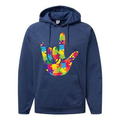 Autism Awareness ASL I Love You Puzzle Hand Performance Fleece Hoodie