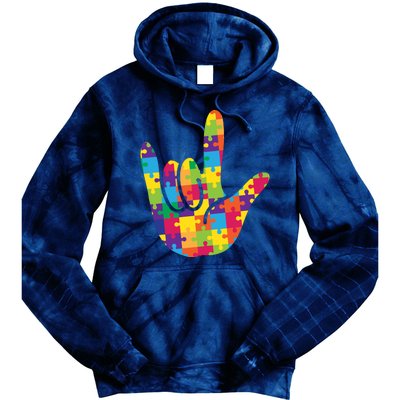 Autism Awareness ASL I Love You Puzzle Hand Tie Dye Hoodie