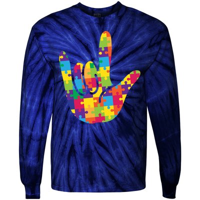 Autism Awareness ASL I Love You Puzzle Hand Tie-Dye Long Sleeve Shirt