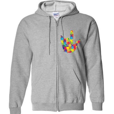 Autism Awareness ASL I Love You Puzzle Hand Full Zip Hoodie