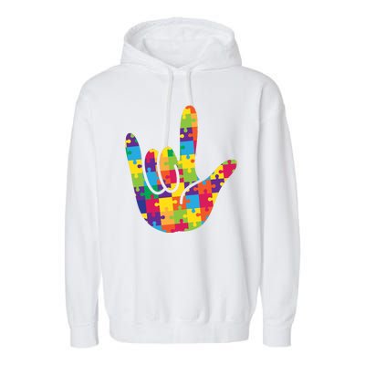 Autism Awareness ASL I Love You Puzzle Hand Garment-Dyed Fleece Hoodie