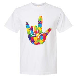 Autism Awareness ASL I Love You Puzzle Hand Garment-Dyed Heavyweight T-Shirt