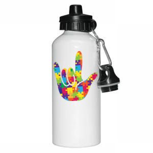 Autism Awareness ASL I Love You Puzzle Hand Aluminum Water Bottle 