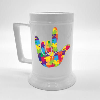 Autism Awareness ASL I Love You Puzzle Hand Beer Stein