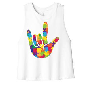 Autism Awareness ASL I Love You Puzzle Hand Women's Racerback Cropped Tank