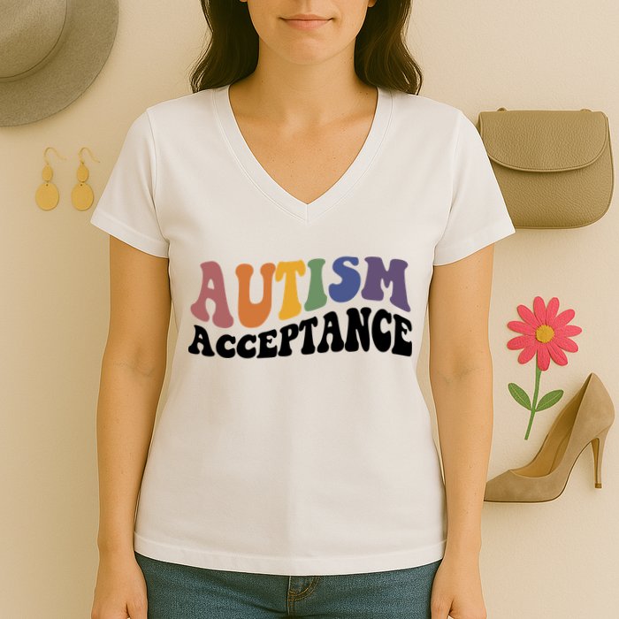 Autism Awareness Acceptance Retro Women's V-Neck T-Shirt