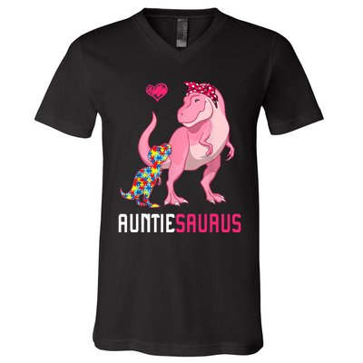 Auntiesaurus Autism Awareness Auntie Saurus Family V-Neck T-Shirt