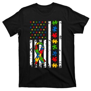 Autism Awareness American Flag Puzzle Piece Dad Father T-Shirt