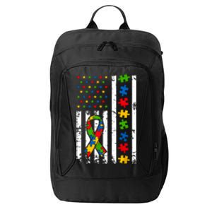 Autism Awareness American Flag Puzzle Piece Dad Father City Backpack