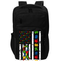 Autism Awareness American Flag Puzzle Piece Dad Father Impact Tech Backpack