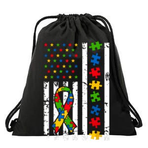 Autism Awareness American Flag Puzzle Piece Dad Father Drawstring Bag