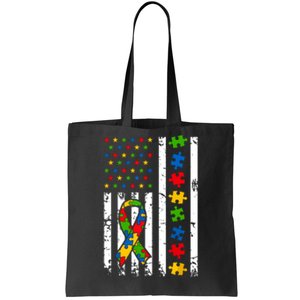 Autism Awareness American Flag Puzzle Piece Dad Father Tote Bag