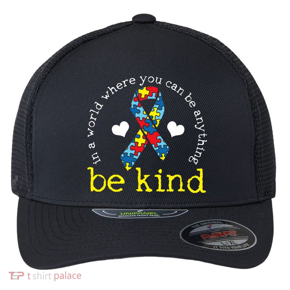 Autism Awareness Be Kind Kindness Ribbon Heart Flexfit Unipanel Trucker Cap