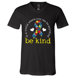 Autism Awareness Be Kind Kindness Ribbon Heart V-Neck T-Shirt