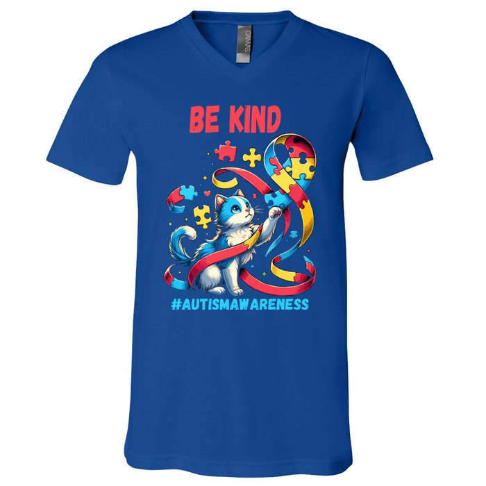 Autism Awareness Be Kind Cat Funny Gift V-Neck T-Shirt